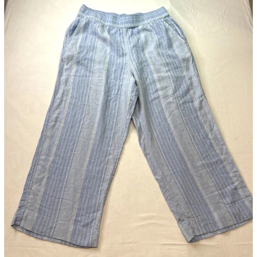 Tahari Women's Large Blue Linen Rayon Elastic Waist Casual Pants with Pockets